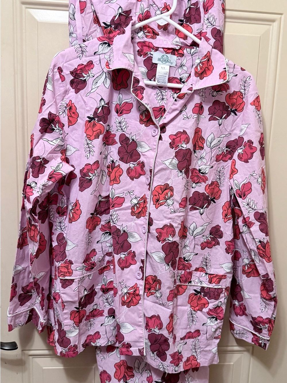 Global Pink Floral Cotton Pajama Set in Size XL Long Sleeved